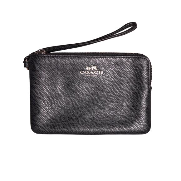 Coach Black Pebbled Leather Corner-Zip Wristlet Gold Hardware 2 Card Slots - Picture 2 of 9